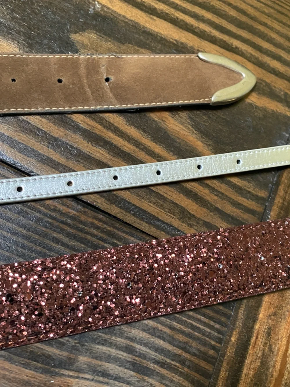 Set of 3 Belts - Copper Glitter NWT, Metallic Silver NWOT, Brown suede - Sz S/M